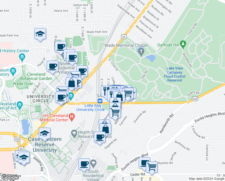 map of restaurants, bars, coffee shops, grocery stores, and more near in Cleveland