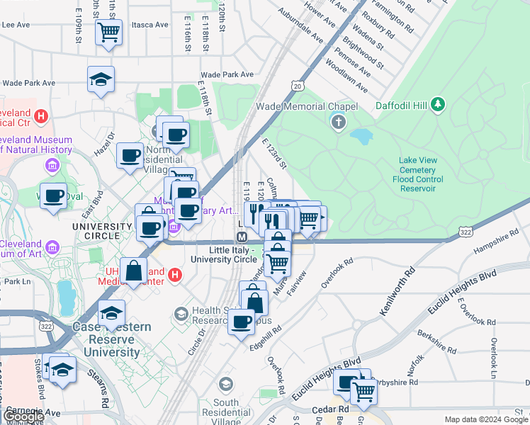 map of restaurants, bars, coffee shops, grocery stores, and more near in Cleveland