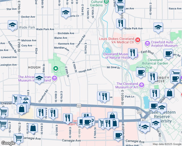 map of restaurants, bars, coffee shops, grocery stores, and more near 9310 Amesbury Avenue in Cleveland
