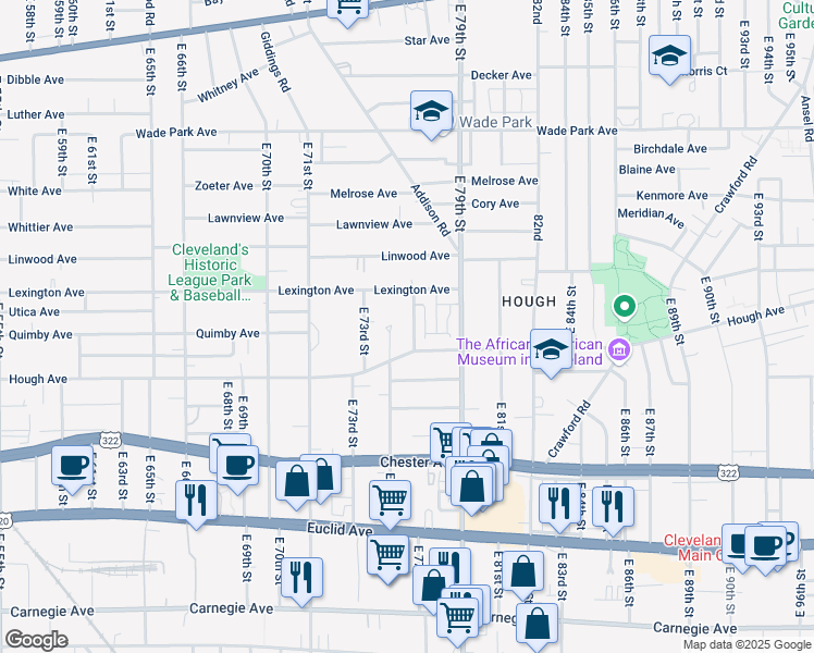 map of restaurants, bars, coffee shops, grocery stores, and more near 1653 East 75th Street in Cleveland