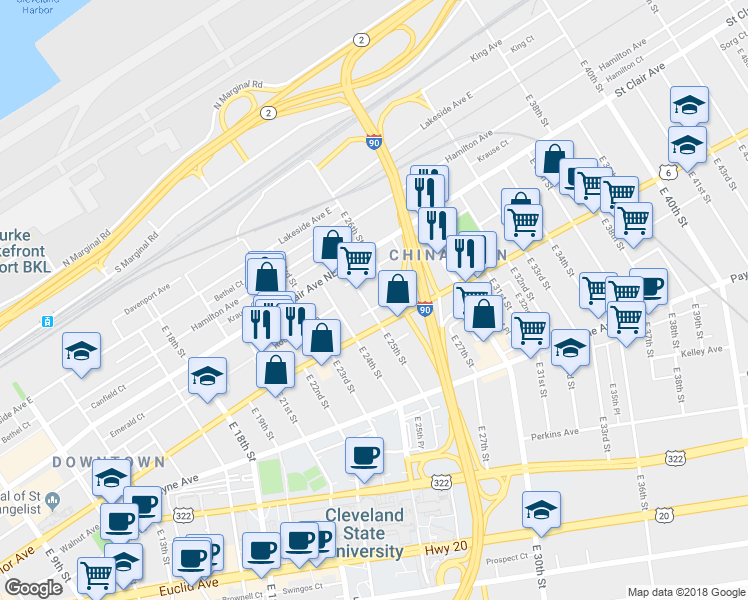 map of restaurants, bars, coffee shops, grocery stores, and more near 1456 East 25th Street in Cleveland