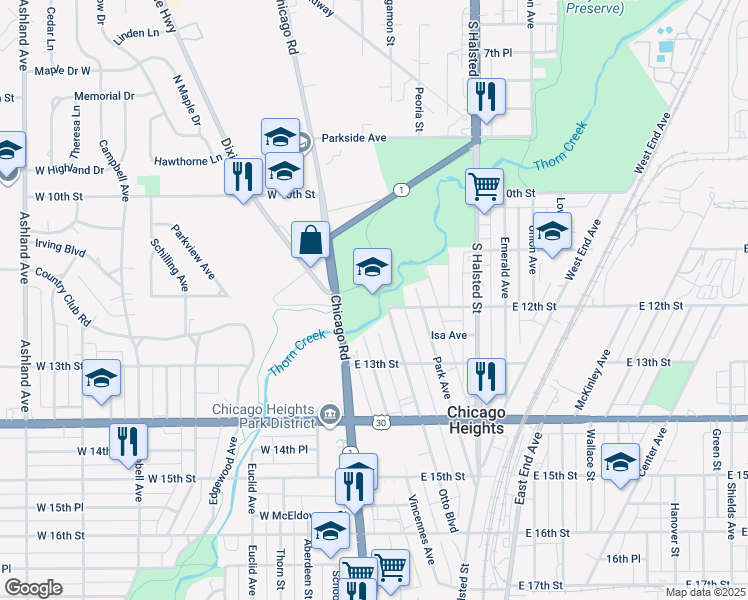 map of restaurants, bars, coffee shops, grocery stores, and more near in Chicago Heights