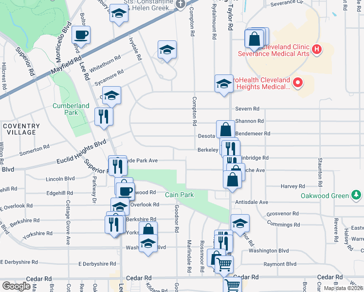 map of restaurants, bars, coffee shops, grocery stores, and more near 3360 Berkeley Road in Cleveland Heights