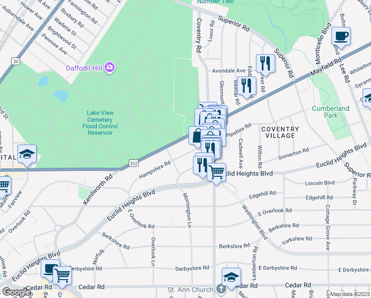 map of restaurants, bars, coffee shops, grocery stores, and more near 2733 Hampshire Road in Cleveland Heights