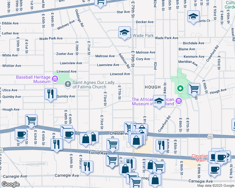 map of restaurants, bars, coffee shops, grocery stores, and more near 1653 East 75th Street in Cleveland