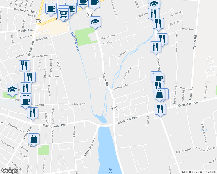 map of restaurants, bars, coffee shops, grocery stores, and more near 323 Valley Rd in Middletown