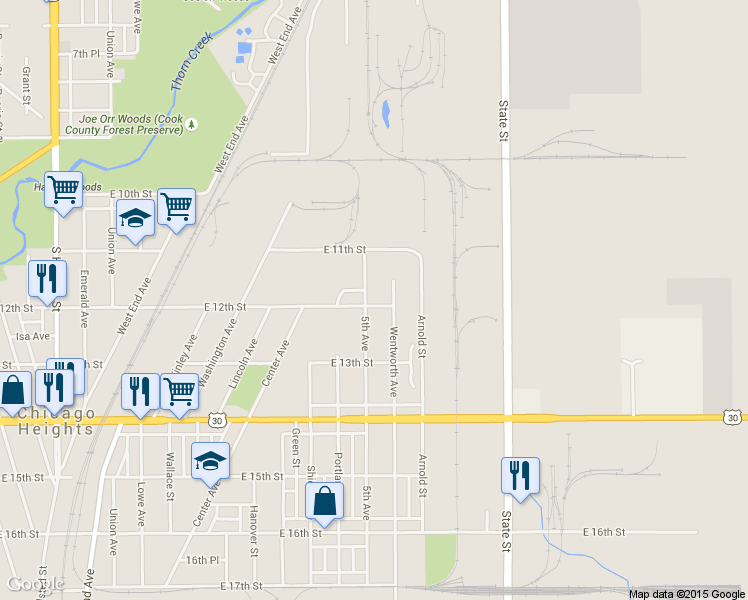 map of restaurants, bars, coffee shops, grocery stores, and more near 1143 5th Avenue in Chicago Heights
