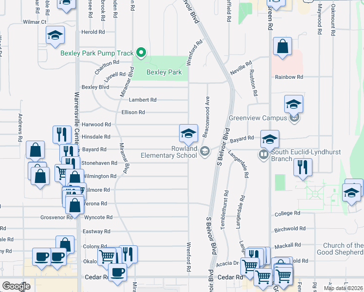 map of restaurants, bars, coffee shops, grocery stores, and more near 4300 Bayard Road in South Euclid