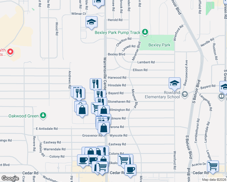map of restaurants, bars, coffee shops, grocery stores, and more near 4023 Bayard Road in South Euclid