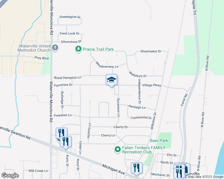 map of restaurants, bars, coffee shops, grocery stores, and more near 457 Sycamore Lane in Waterville