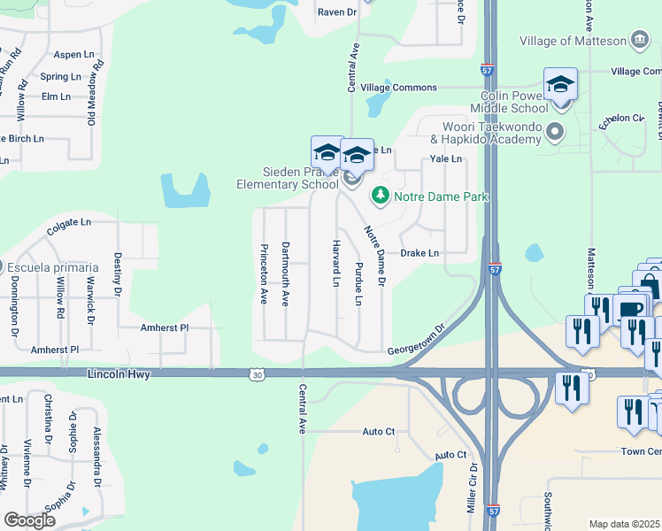 map of restaurants, bars, coffee shops, grocery stores, and more near 854 Harvard Lane in Matteson