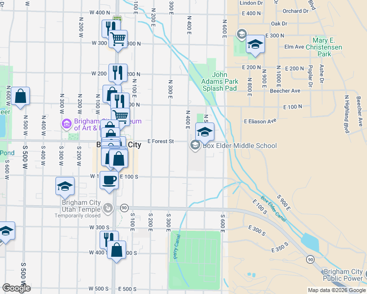 map of restaurants, bars, coffee shops, grocery stores, and more near 38 South 400 East in Brigham City