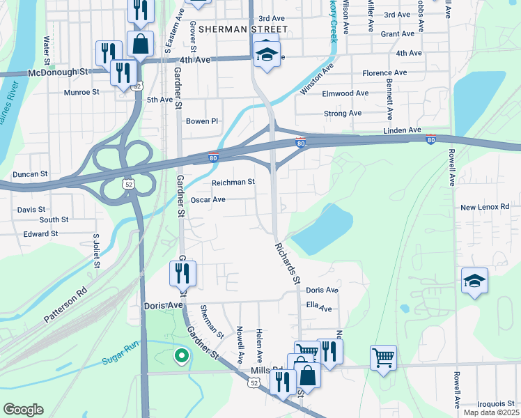 map of restaurants, bars, coffee shops, grocery stores, and more near 724 Richards Street in Joliet