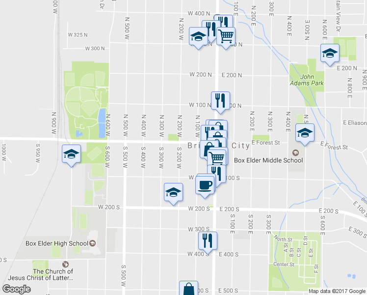 map of restaurants, bars, coffee shops, grocery stores, and more near 133 West Forest Street in Brigham City