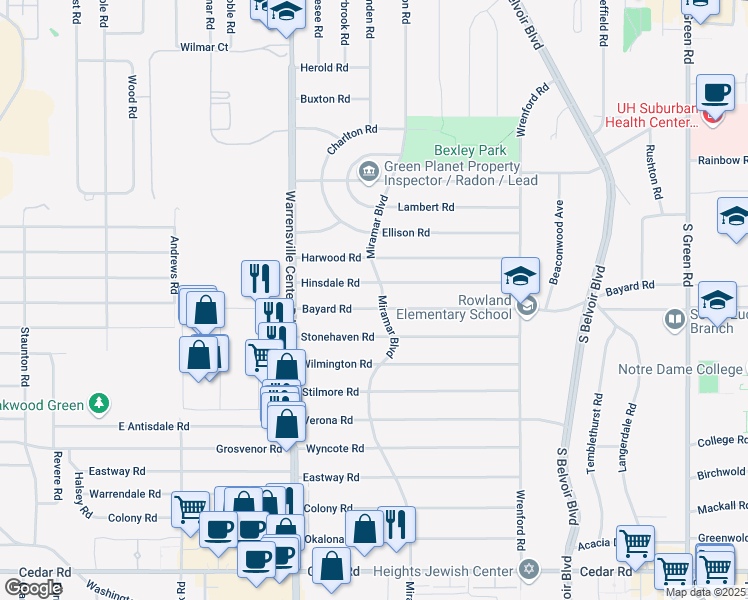 map of restaurants, bars, coffee shops, grocery stores, and more near 4106 Bayard Road in South Euclid