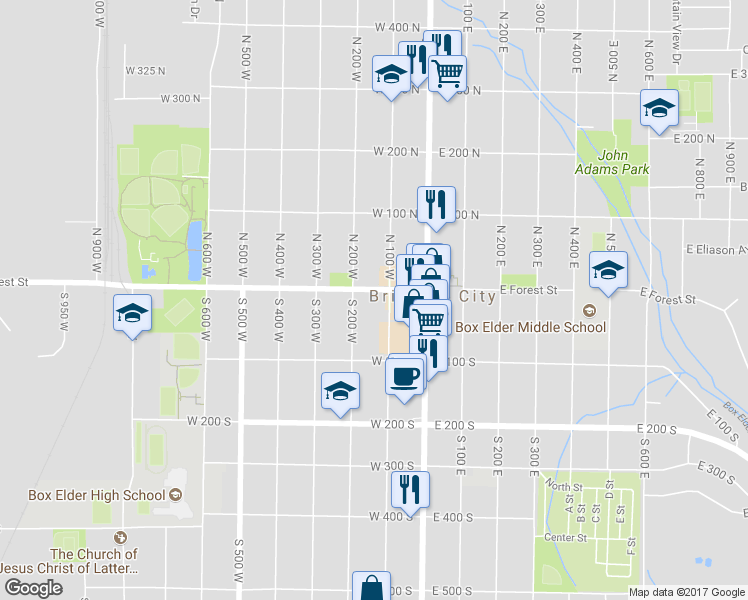 map of restaurants, bars, coffee shops, grocery stores, and more near 117 West Forest Street in Brigham City