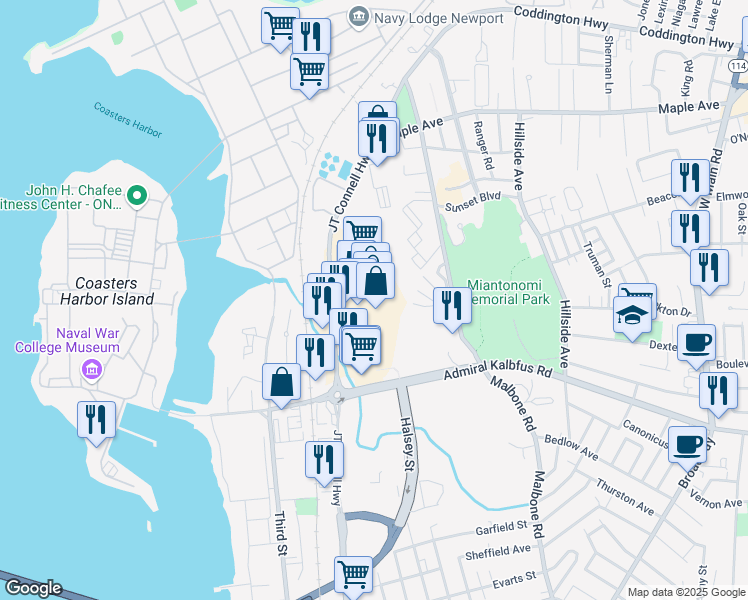 map of restaurants, bars, coffee shops, grocery stores, and more near 199 Connell Highway in Newport