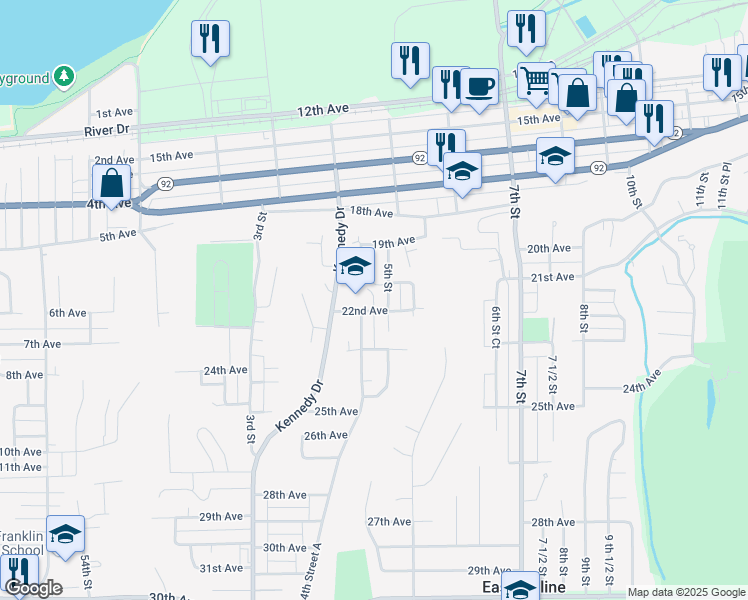 map of restaurants, bars, coffee shops, grocery stores, and more near 451 22nd Avenue in Moline