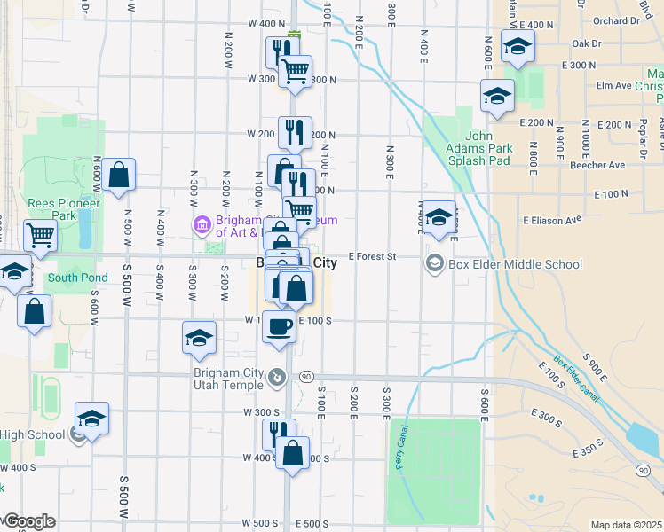 map of restaurants, bars, coffee shops, grocery stores, and more near 15 South 100 East in Brigham City
