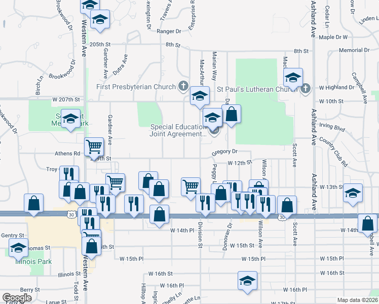 map of restaurants, bars, coffee shops, grocery stores, and more near 1143 Stirling Avenue in Chicago Heights