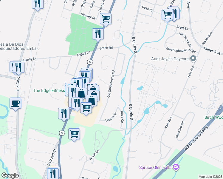 map of restaurants, bars, coffee shops, grocery stores, and more near 186 Old Stagecoach Road in Meriden