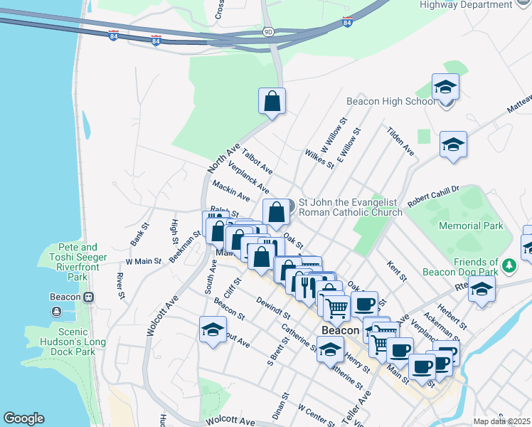 map of restaurants, bars, coffee shops, grocery stores, and more near 3 Oak Street in Beacon