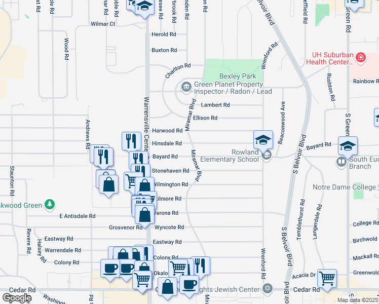 map of restaurants, bars, coffee shops, grocery stores, and more near 4106 Bayard Road in South Euclid