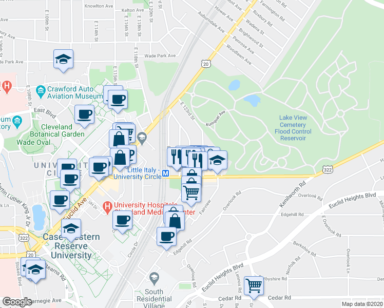 map of restaurants, bars, coffee shops, grocery stores, and more near in Cleveland