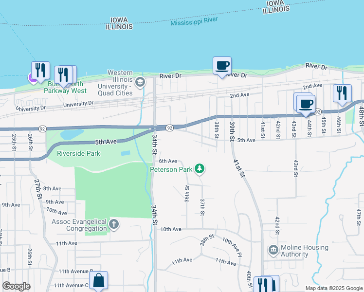 map of restaurants, bars, coffee shops, grocery stores, and more near 3400-3898 6th Avenue in Moline
