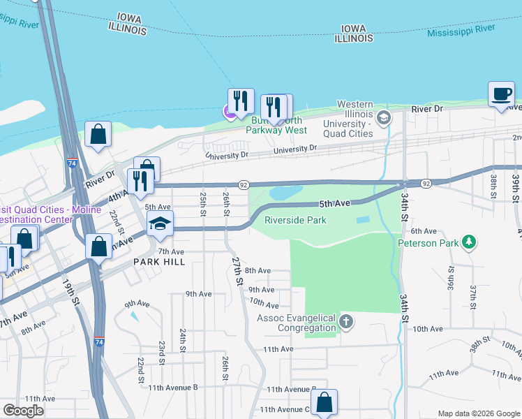 map of restaurants, bars, coffee shops, grocery stores, and more near 617 5th Avenue Place in Moline