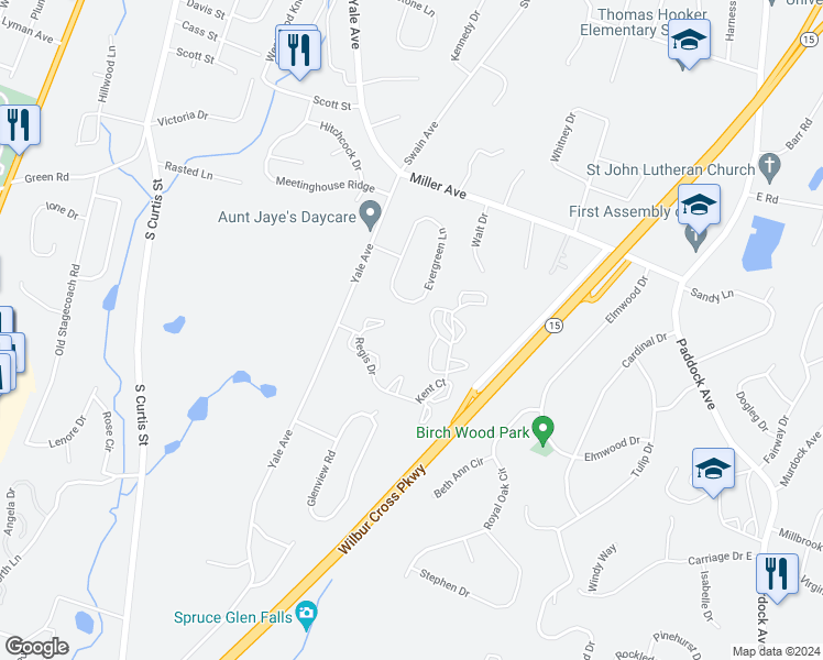 map of restaurants, bars, coffee shops, grocery stores, and more near 135 Pembroke Court in Meriden