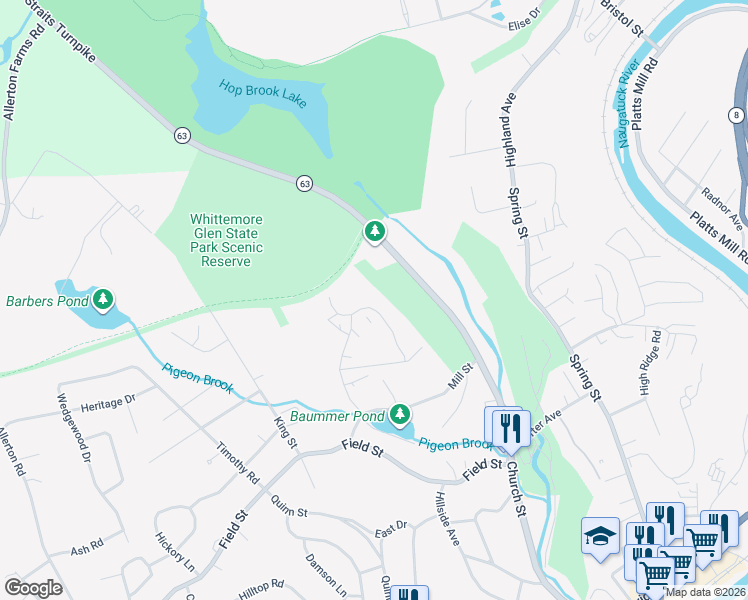map of restaurants, bars, coffee shops, grocery stores, and more near 35 Coach Circle in Naugatuck