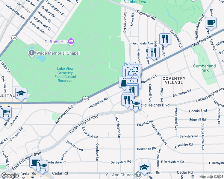 map of restaurants, bars, coffee shops, grocery stores, and more near 2701 Hampshire Road in Cleveland Heights