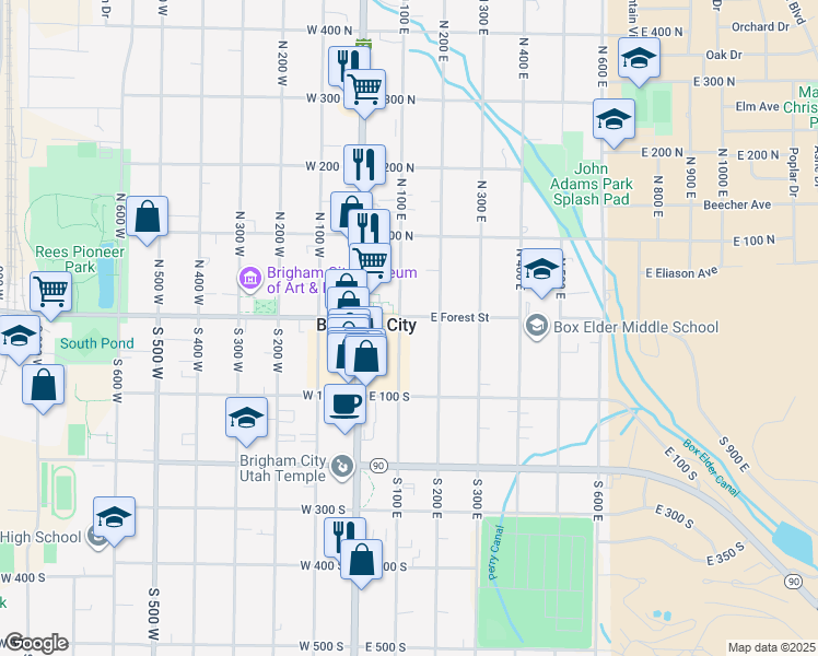 map of restaurants, bars, coffee shops, grocery stores, and more near 15 South 100 East in Brigham City