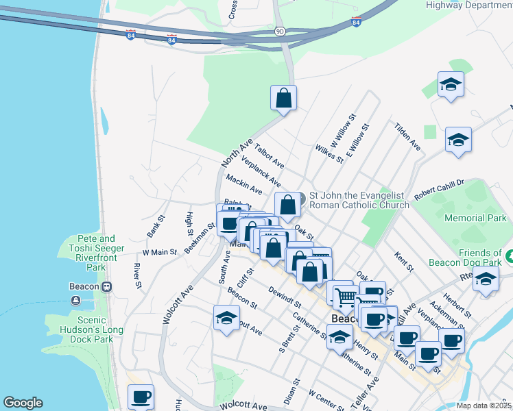 map of restaurants, bars, coffee shops, grocery stores, and more near 24 West Church Street in Beacon