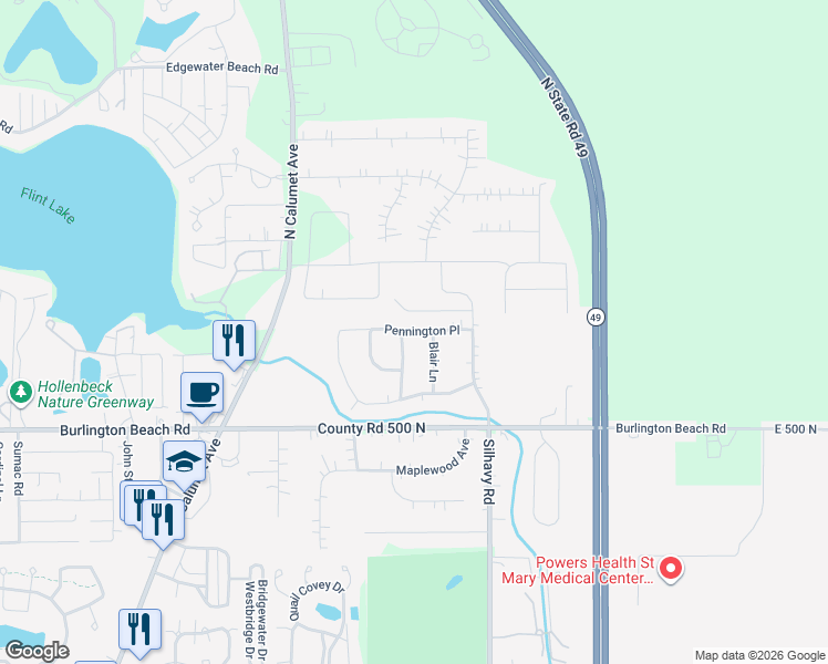 map of restaurants, bars, coffee shops, grocery stores, and more near Pennington Place in Valparaiso