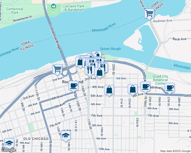 map of restaurants, bars, coffee shops, grocery stores, and more near 313 18th Street in Rock Island