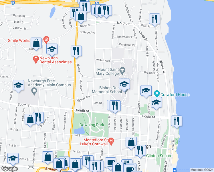 map of restaurants, bars, coffee shops, grocery stores, and more near 257 Powell Avenue in Newburgh