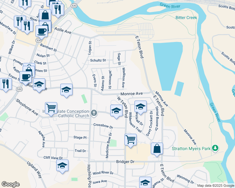 map of restaurants, bars, coffee shops, grocery stores, and more near Monroe Avenue in Green River