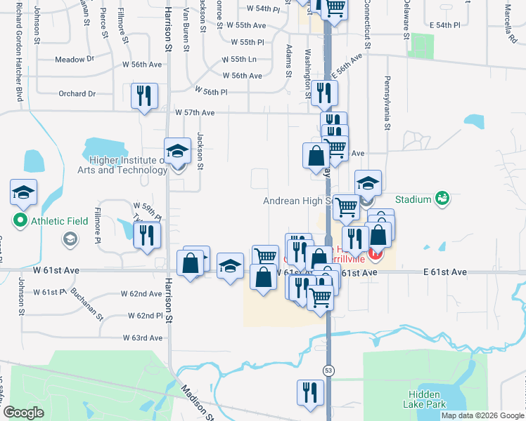 map of restaurants, bars, coffee shops, grocery stores, and more near 5940 Jefferson Street in Merrillville