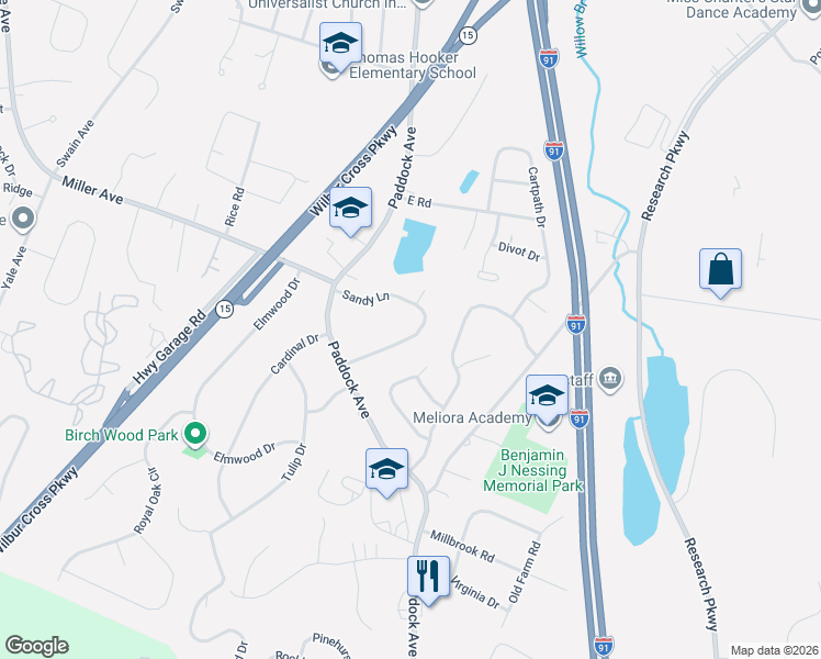 map of restaurants, bars, coffee shops, grocery stores, and more near 126 Dogleg Drive in Meriden