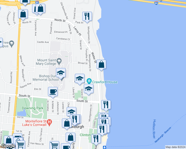 map of restaurants, bars, coffee shops, grocery stores, and more near 202 Montgomery Street in Newburgh
