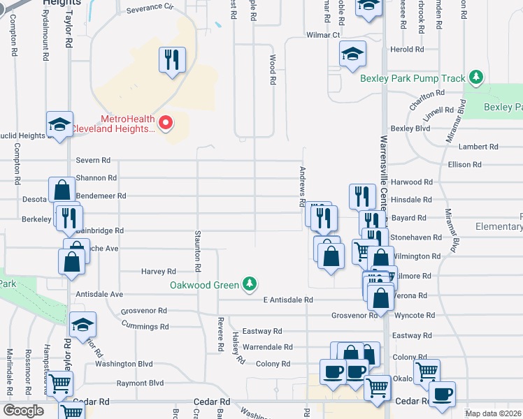 map of restaurants, bars, coffee shops, grocery stores, and more near 3769 Bainbridge Road in Cleveland Heights