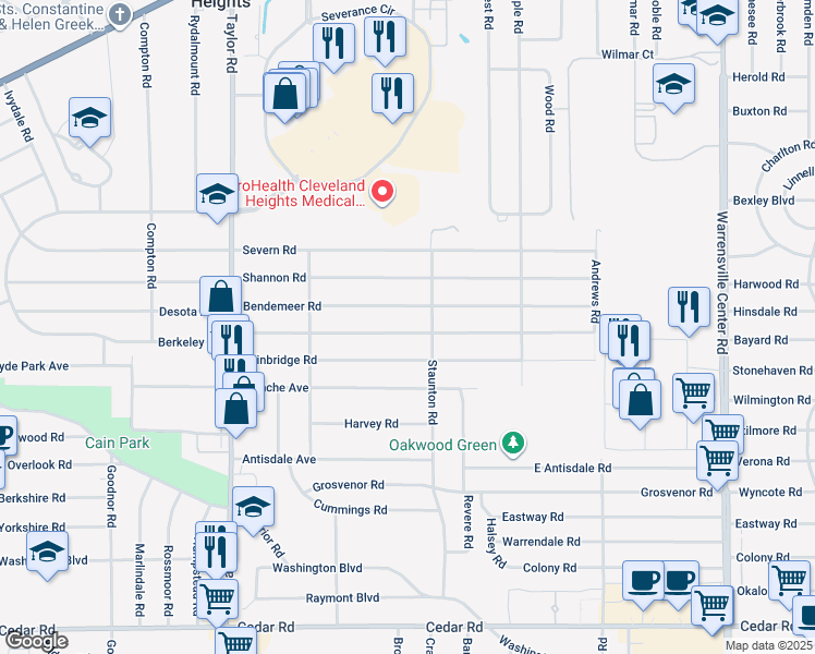 map of restaurants, bars, coffee shops, grocery stores, and more near 3647 Bainbridge Road in Cleveland Heights