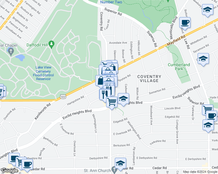 map of restaurants, bars, coffee shops, grocery stores, and more near 2779 Lancashire Road in Cleveland Heights
