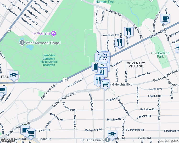 map of restaurants, bars, coffee shops, grocery stores, and more near 2734 Hampshire Road in Cleveland Heights