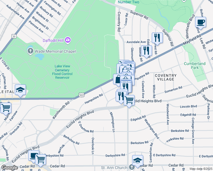 map of restaurants, bars, coffee shops, grocery stores, and more near 2701 Hampshire Road in Cleveland Heights