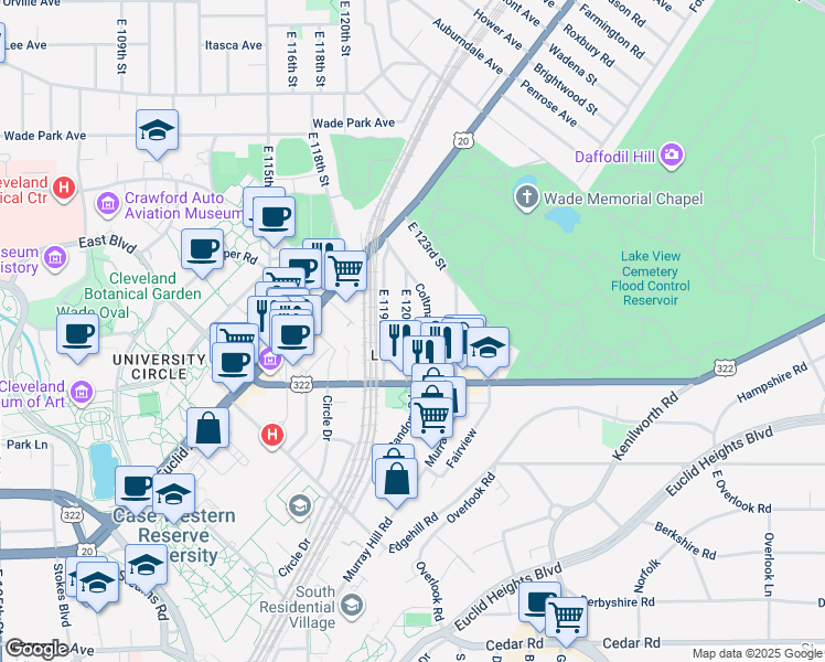 map of restaurants, bars, coffee shops, grocery stores, and more near in Cleveland