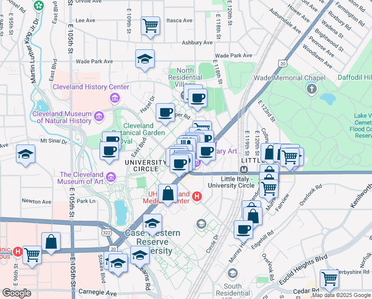 map of restaurants, bars, coffee shops, grocery stores, and more near 1975 Ford Drive in Cleveland