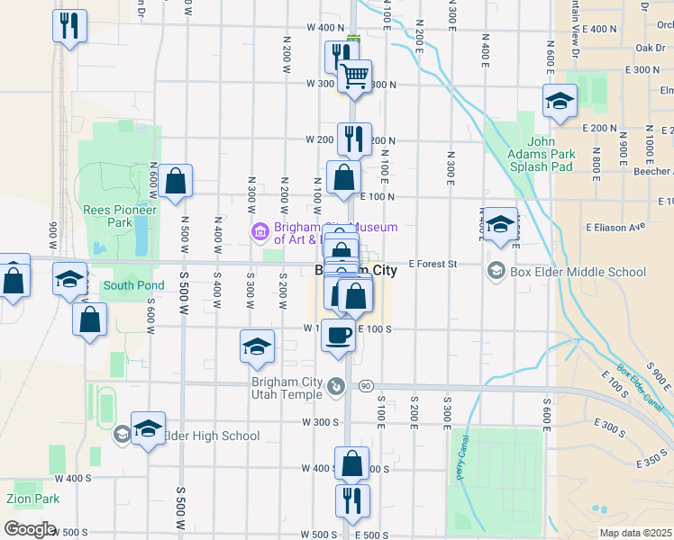 map of restaurants, bars, coffee shops, grocery stores, and more near 17 West Forest Street in Brigham City